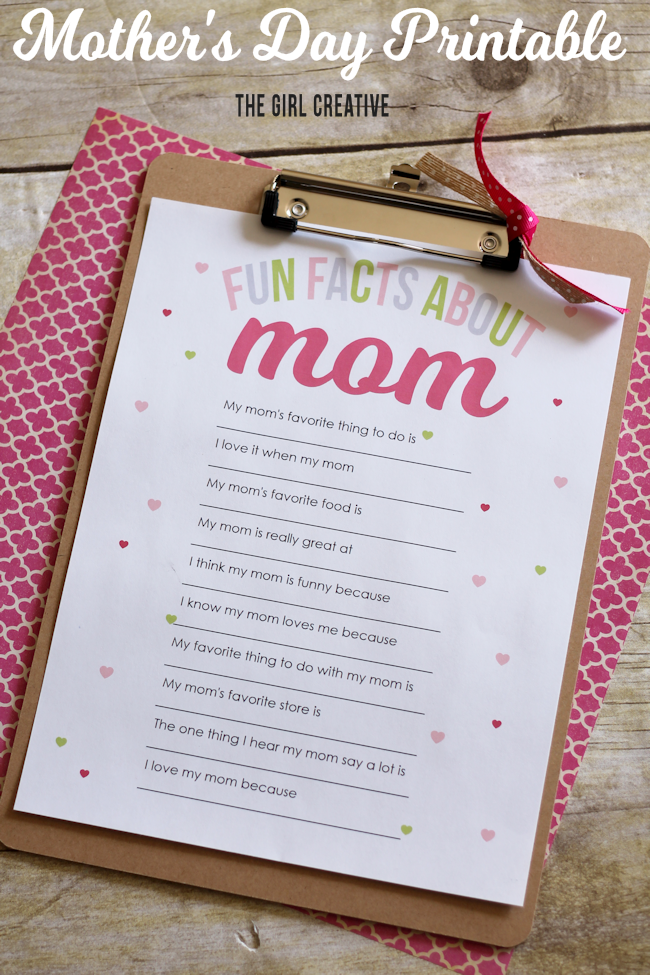 Fun Facts About Mom Mother's Day Printable | The Girl Creative Help your little ones fill out this fun questionnaire all about mom for Mother's Day and give mommy a gift that she can hold onto for a lifetime. Make this a yearly event so you can look back on it over the years to laugh at the silly answers and see how you have (or haven't) changed.