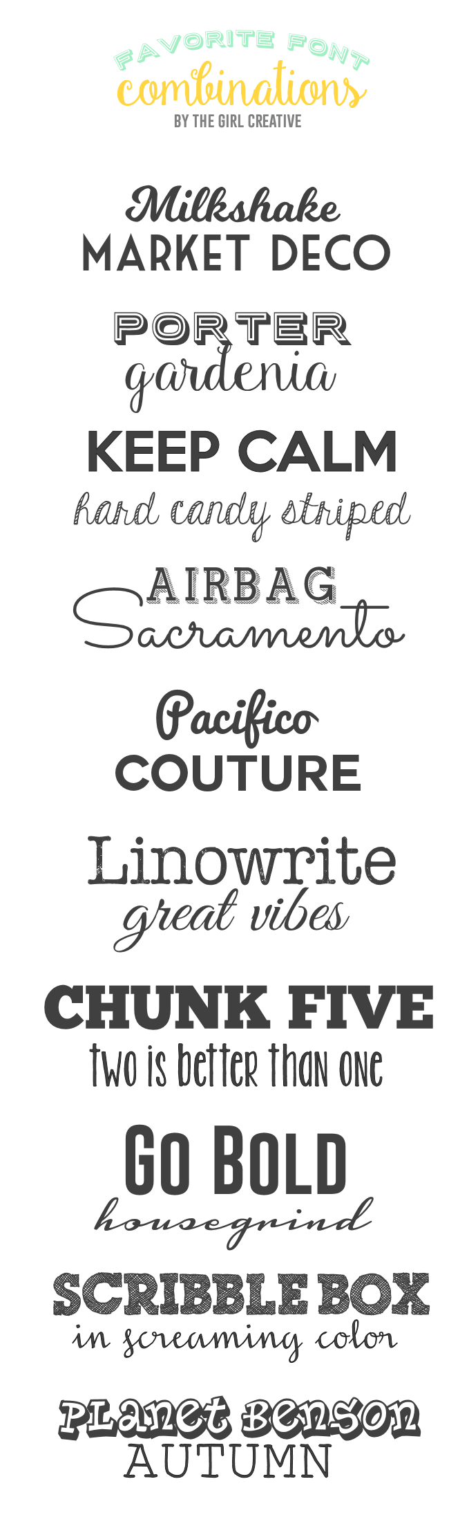 Favorite Font Combinations - Fonts, fonts and more fonts! This is a collection of my favorite font combinations and they are all FREE!