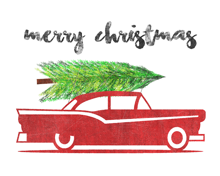 Vintage Sign-Old Car with Christmas Tree-700px