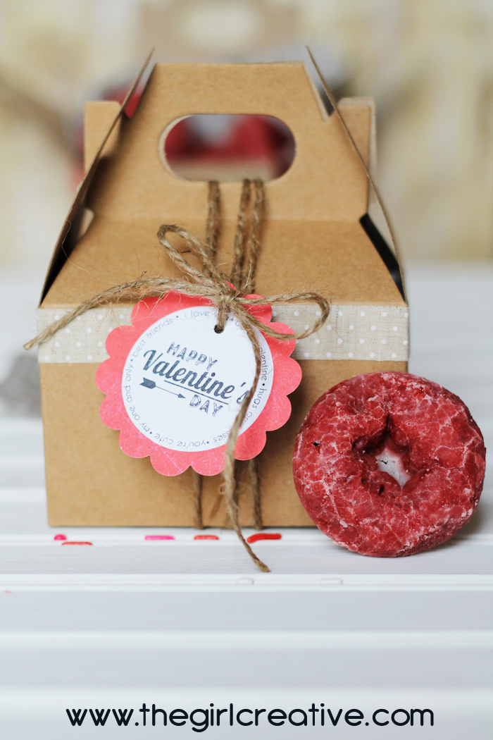 Delicious Red Velvet Valentine's Day Donuts all wrapped up in a cute box with free printable Vintage Valentine's Day Tags