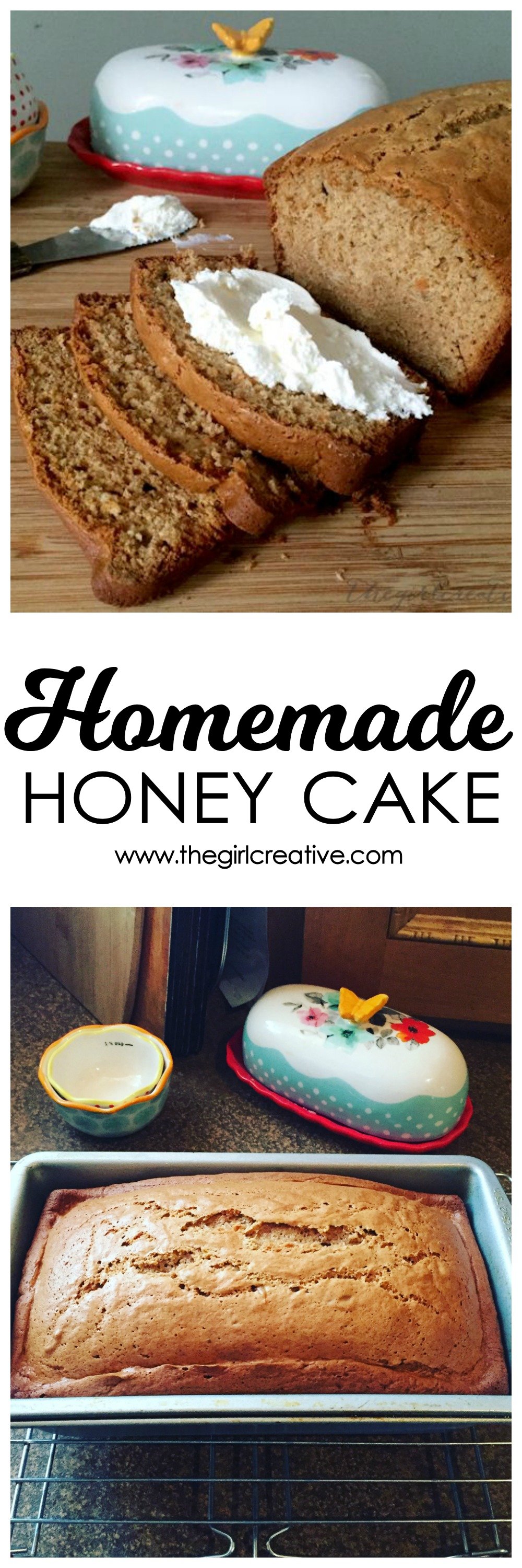 This delicious honey cake is perfect with whipped cream cheese on top. It's so good you won't be able to control yourself. Makes a wonderful breakfast or dessert food.