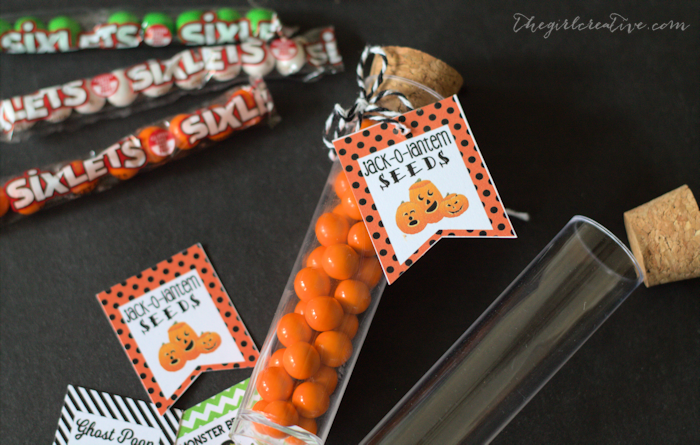 Halloween Test Tube Party Favors with Printable Tags - Ghost Poop, Monster Brains, Jack-o-Lantern Seeds