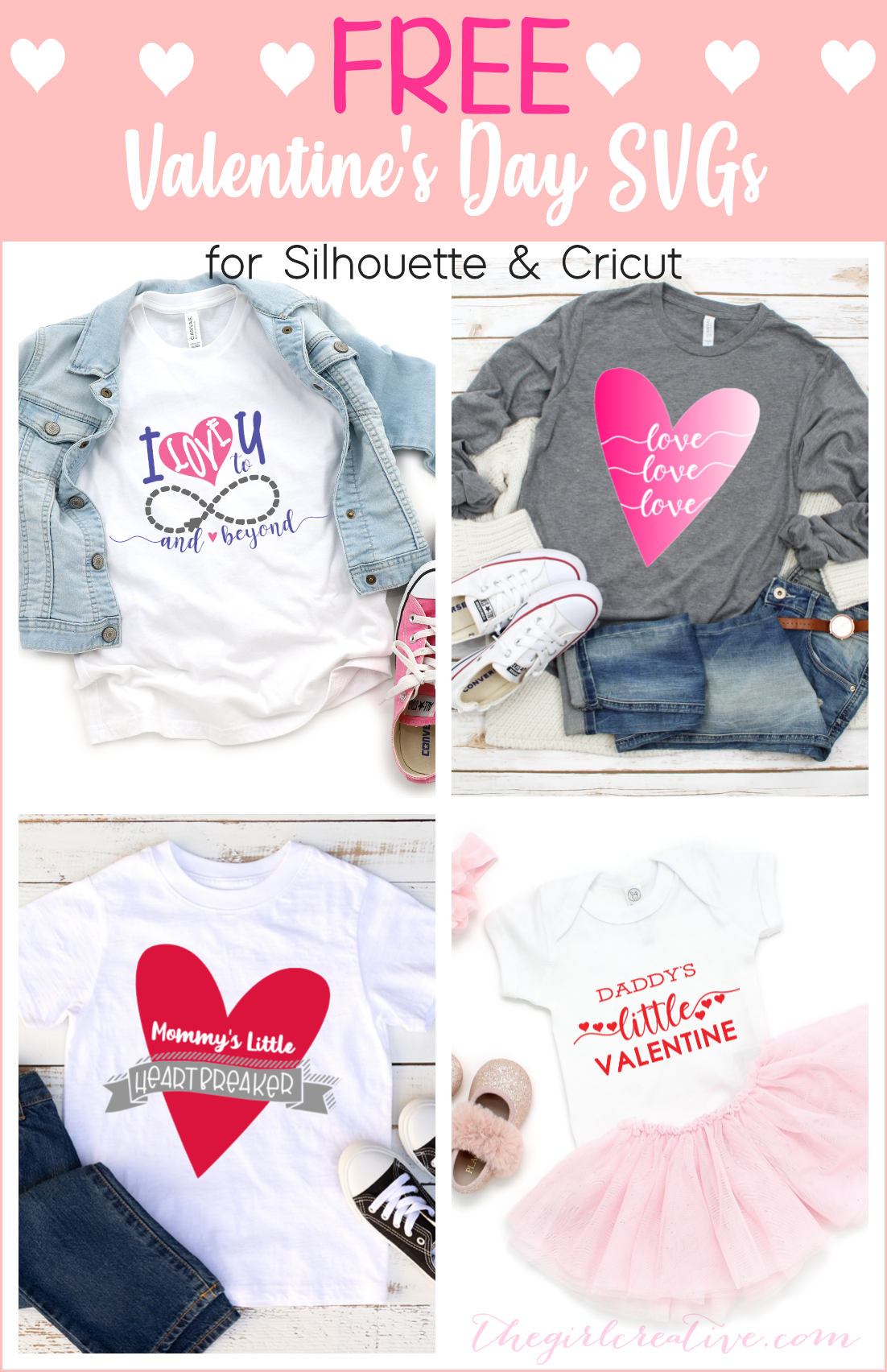 A collection of Valentine's Day SVG designs used on t-shirts that you can DIY yourself using your Cricut or Silhouette