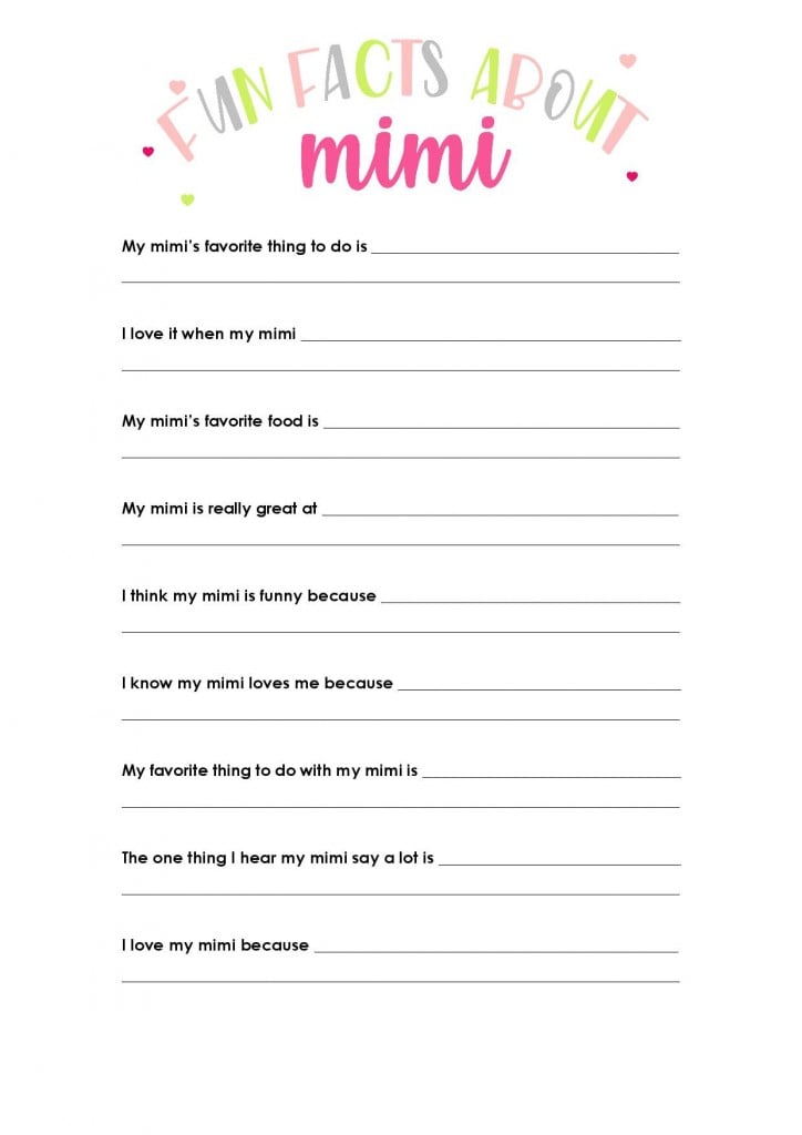 Printable Questionnaire for Mother's Day that says Fun Facts About Mimi