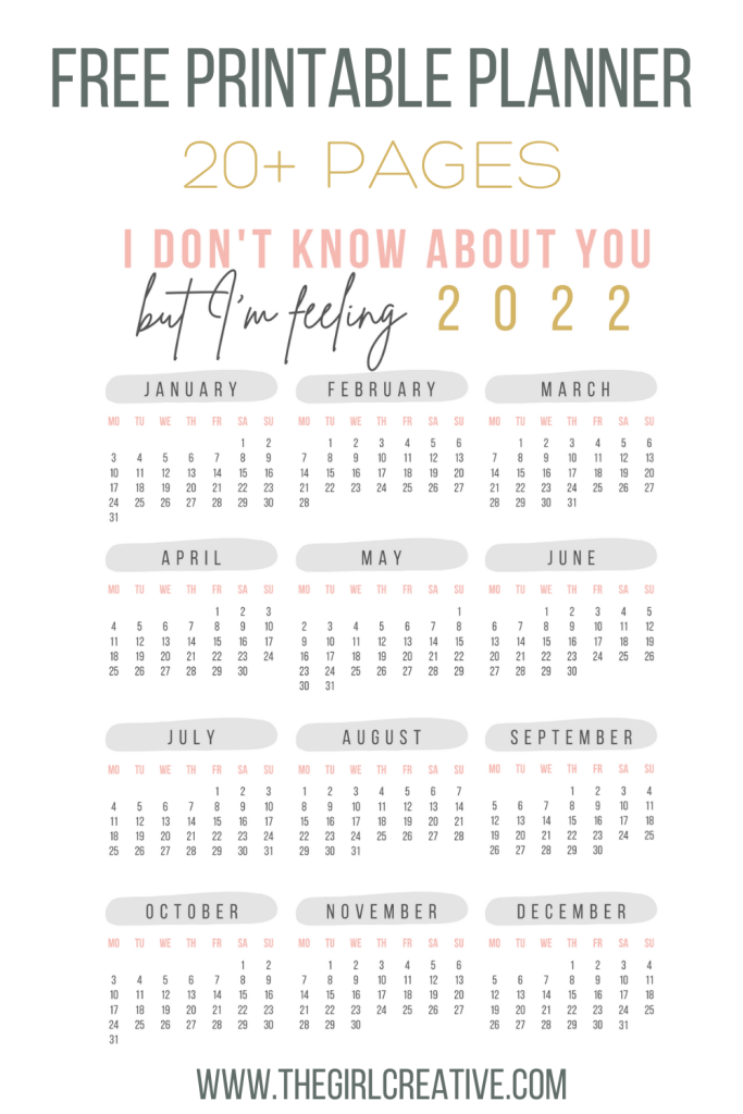 2022 Year at a Glance Calendar