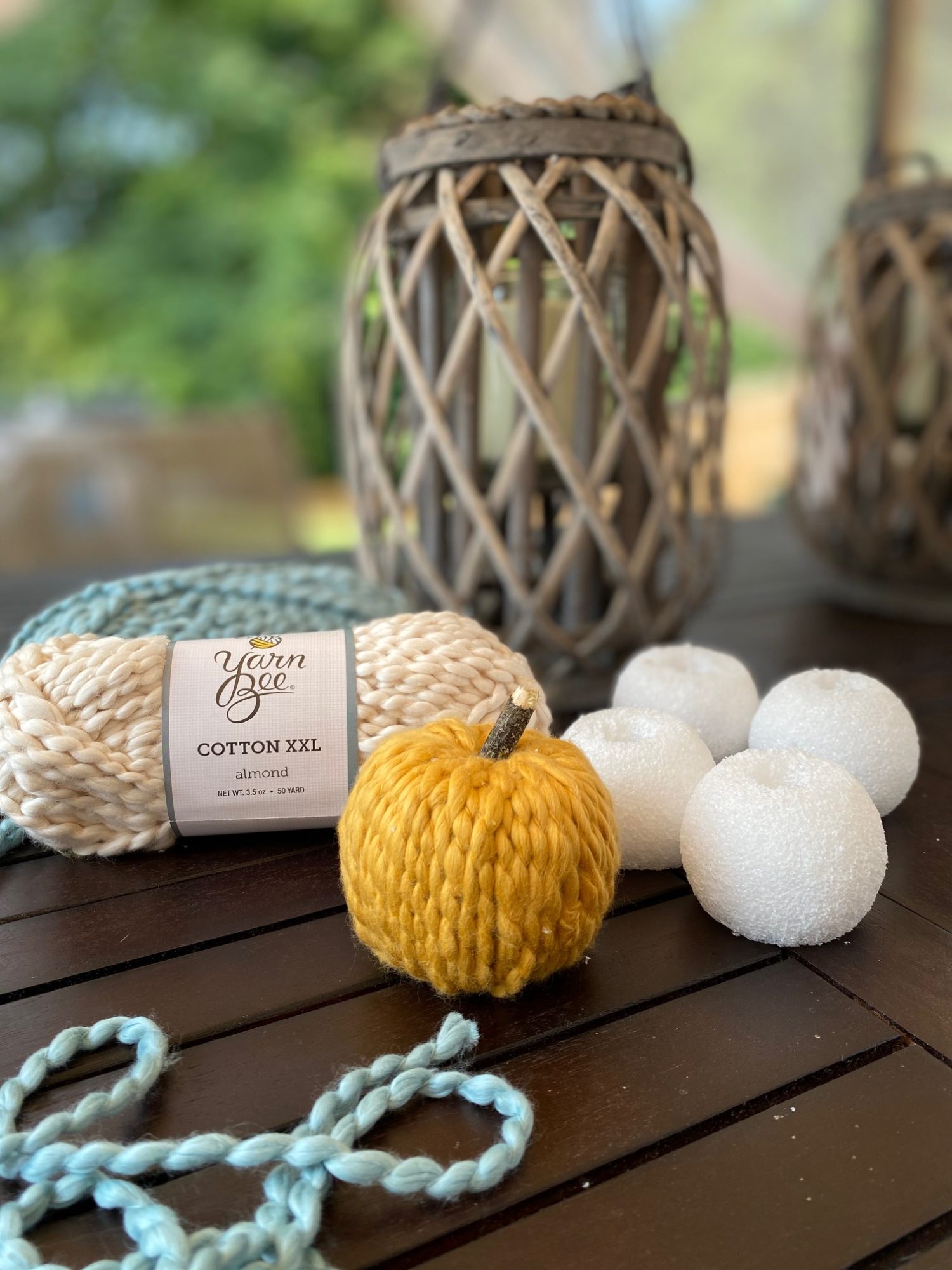 Supplies to make DIY yarn pumpkins