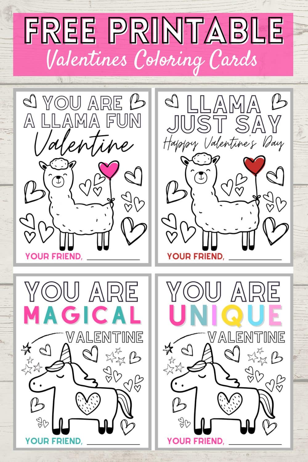 free llama and unicorn valentine's day coloring cards