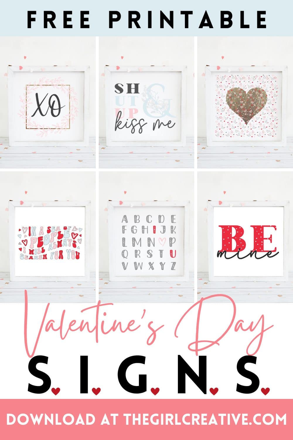 A collage of Valentine's Day graphics that can be printed and used as signs.