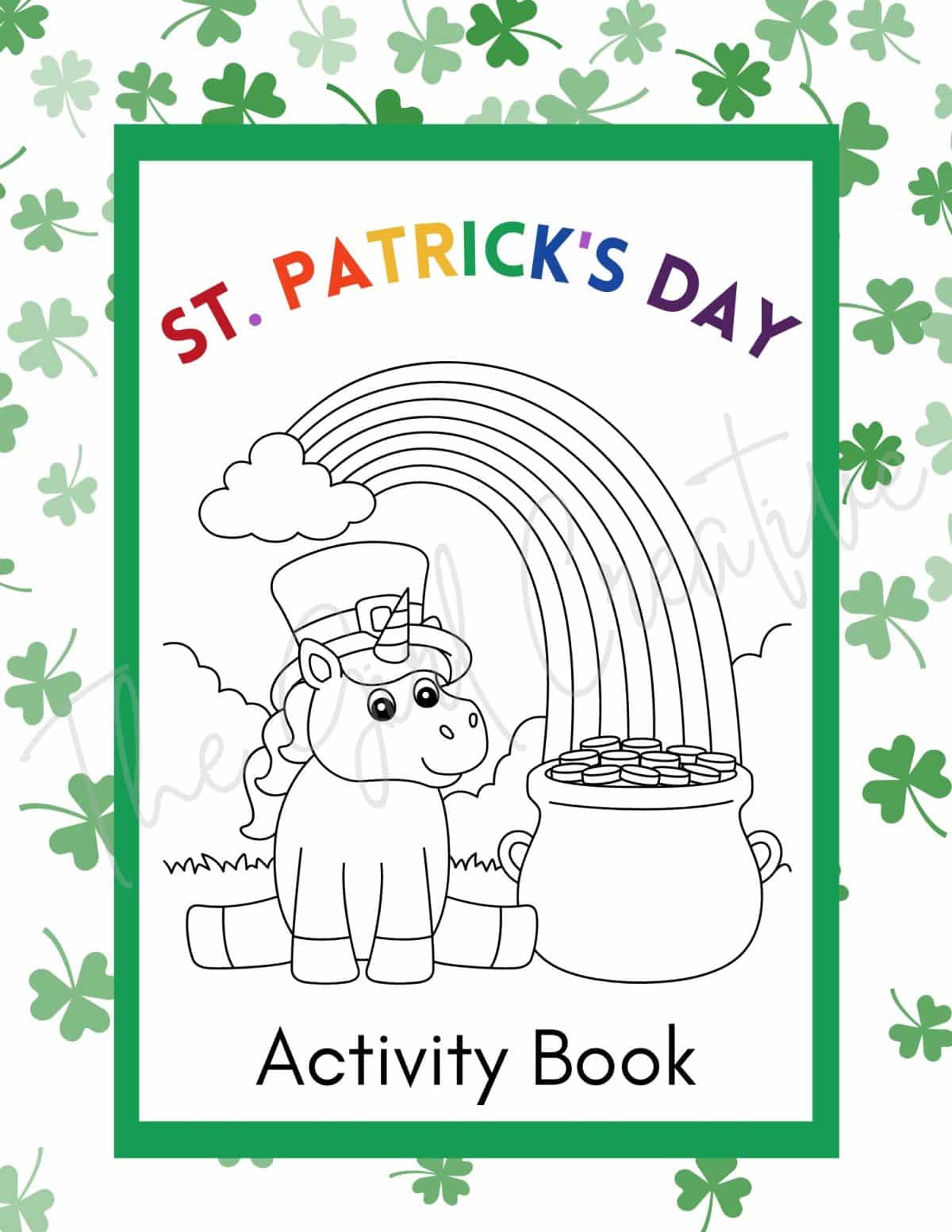 Unicorn with rainbow and pot of gold coloring page for St. Patrick's Day