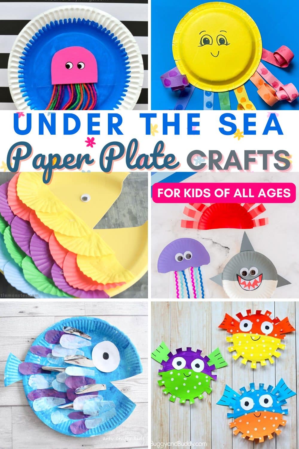 Collage photo of paper plate crafts of ocean animals