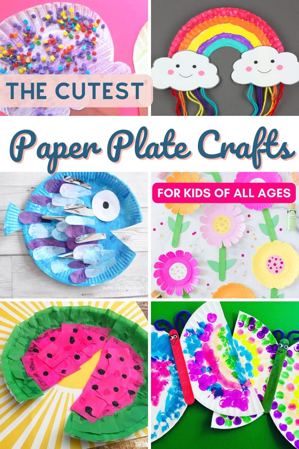 Collage photo of kids crafts using paper plates