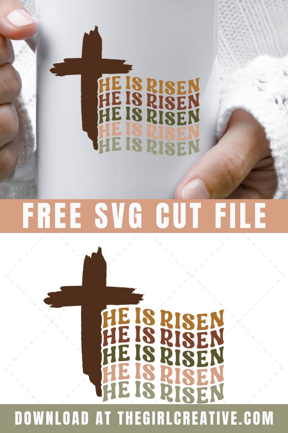 White mug with He is Risen graphic on it