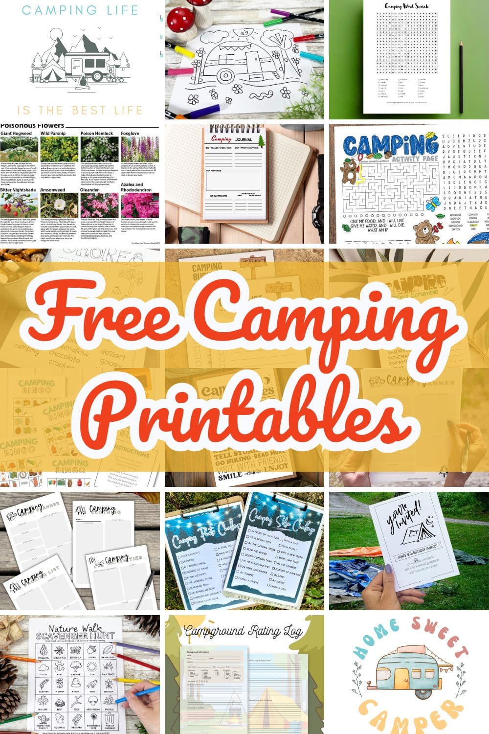 a photo collage of free camping printables