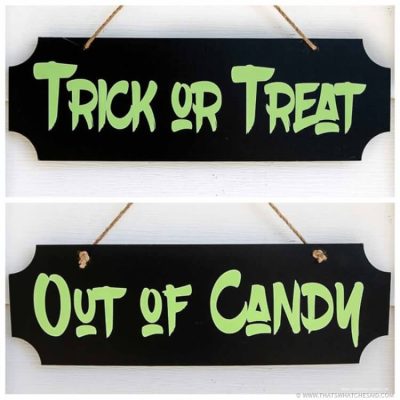 Dual sided out of candy and trick or treat sign thumb