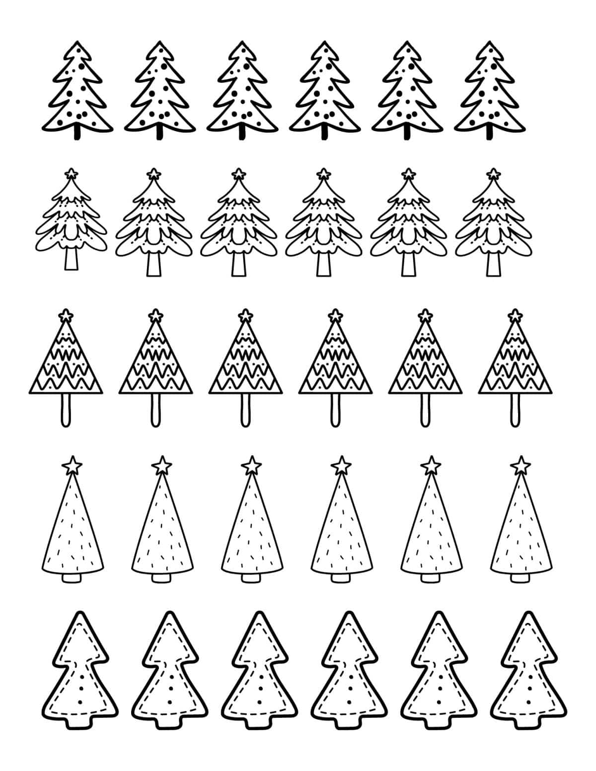 Coloring page full of rows of Christmas trees