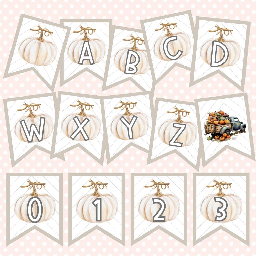 Free Printable Fall Banner with rustic pumpkins, letters and numbers