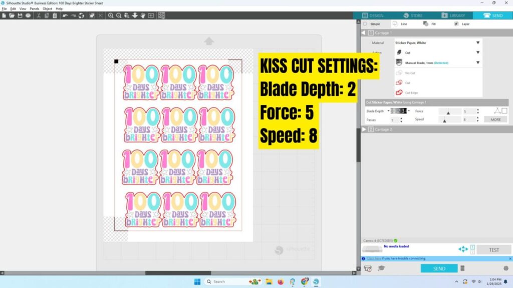 Kiss Cut Settings for Silhouette Studio
