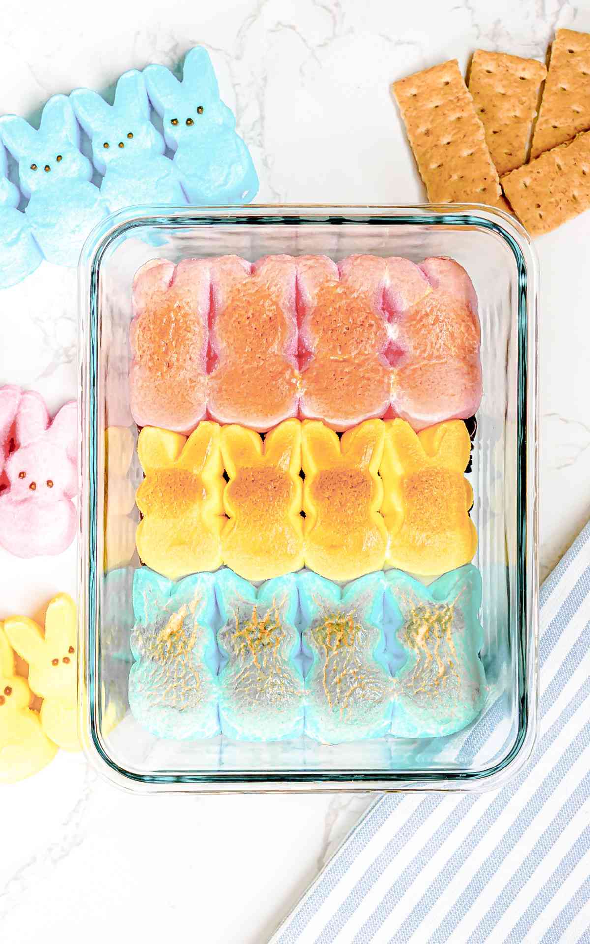 Melted and browned Peeps Bunnies Smores Dip